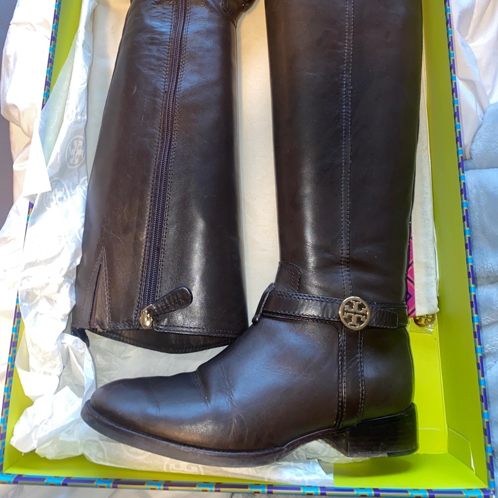 Tory Burch Bristol Riding Boot, Equestrian Calf, "Coconut" Brown, in OG box